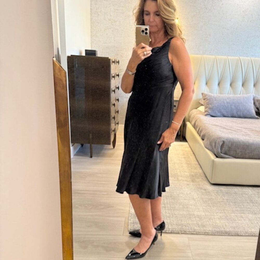 Black Silk Laundry by Shelli Segal Cocktail Dress One Shoulder, Gathered Waist